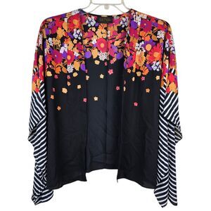 Bob Mackie Kaftan Kimono Top Open Front Sz M Floral Striped Chiffon